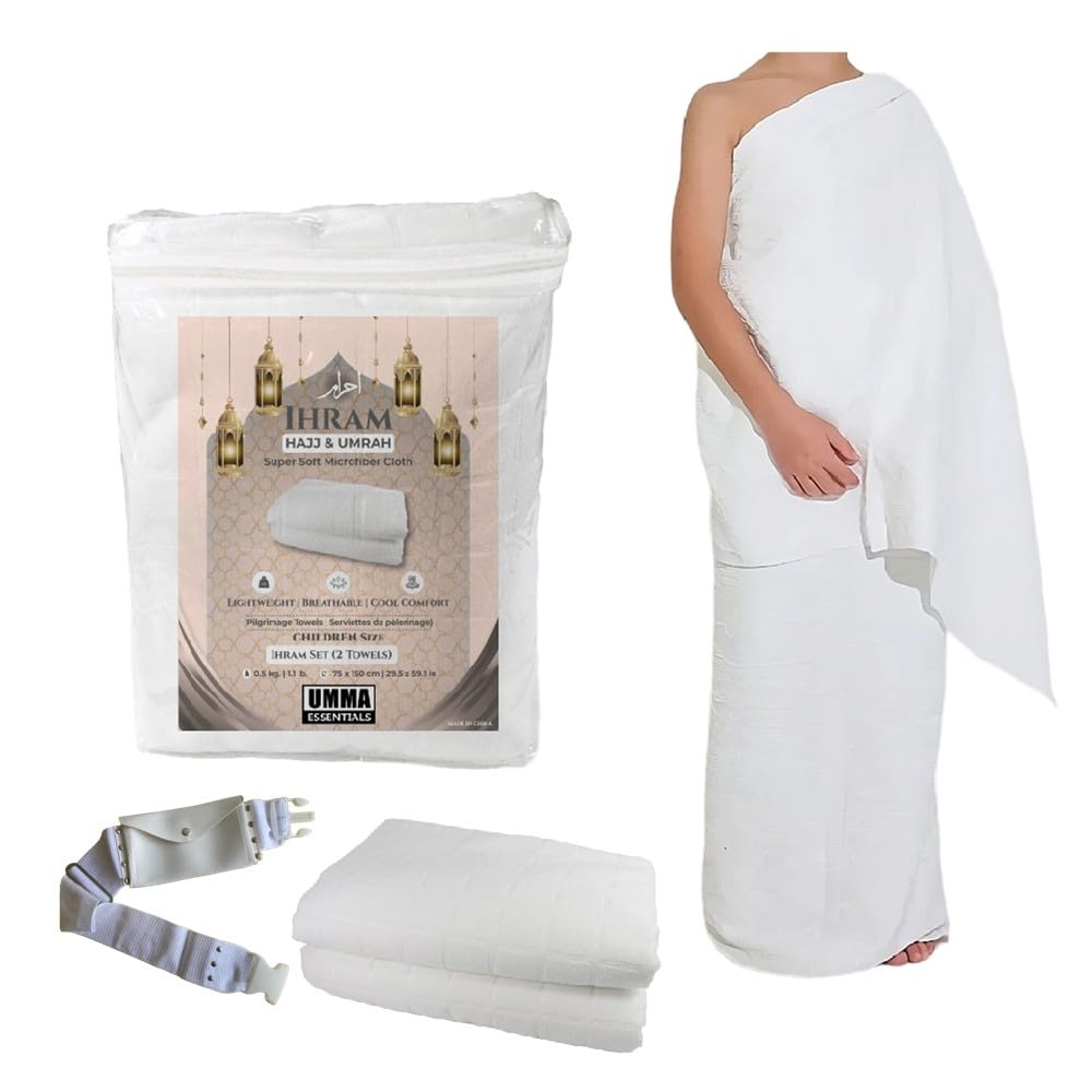 Kids Ihram Towels Set for Children – Includes Belt, 2 White Towels (75x150 cm), Ideal for Hajj and Umrah. A one-Size-fits-All Hajj Kit and Umrah Essentials for Boys’ Ihram, ehram, and ahram