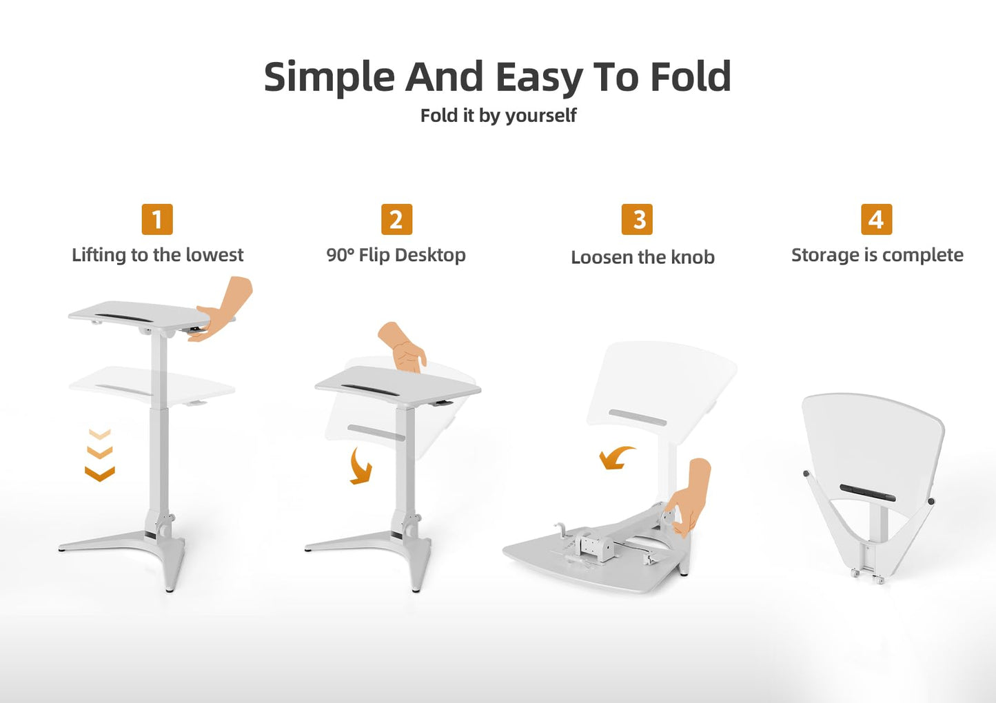 Claiks Mobile Standing Desk, Portable Rolling Workstation With Wheels, Pneumatic Height Adjustable Sit-Stand With 90 Tiltable, Foldable Non-Slip Computer Stand, White