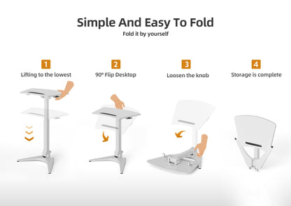 Claiks Mobile Standing Desk, Portable Rolling Workstation With Wheels, Pneumatic Height Adjustable Sit-Stand With 90 Tiltable, Foldable Non-Slip Computer Stand, White