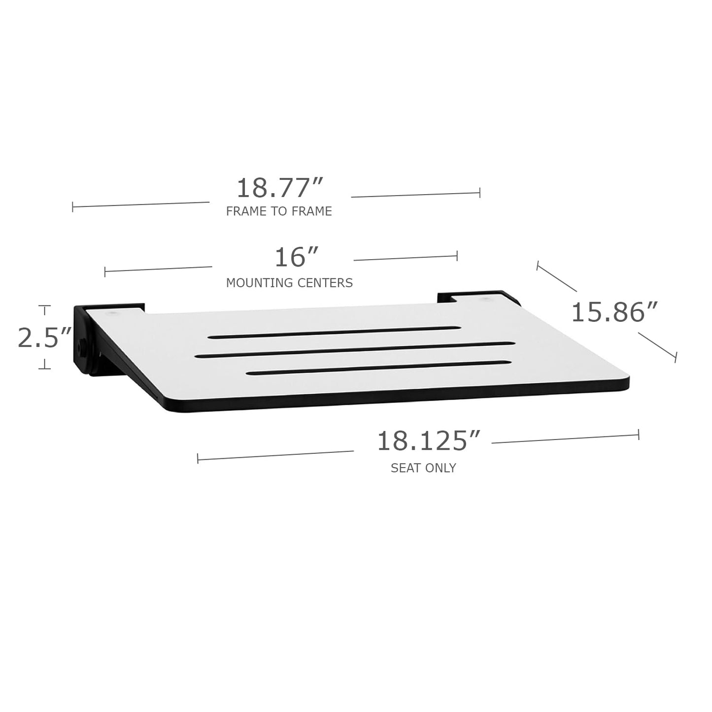 Seachrome 18 inch Silhouette Slimline Folding Wall Mount Shower Bench Seat, White Seat with Matte Black Frame