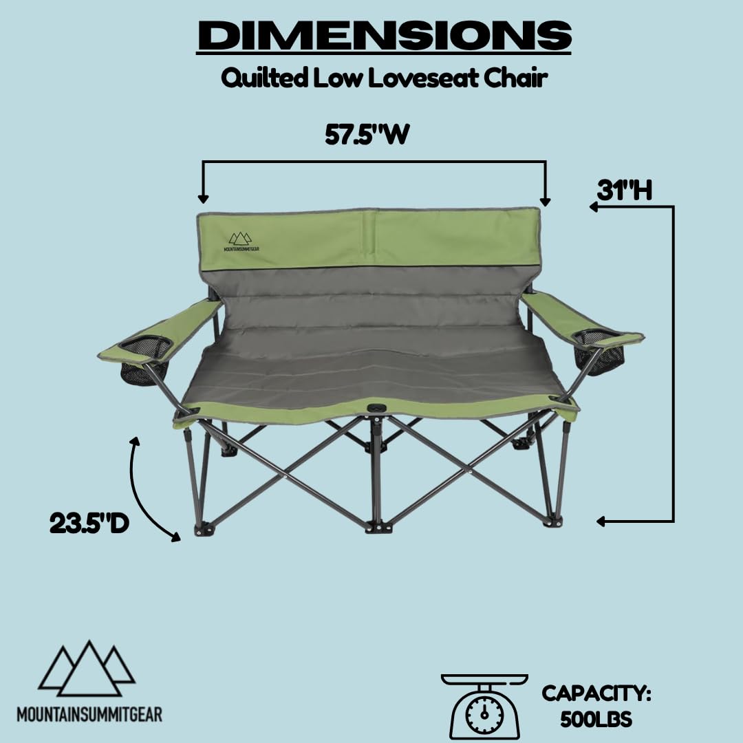 Quilted Double Camping Chair and Single Camping Chair with Padded Seat and Back for Camping/Hiking/Backpacking – Available in Low and Standard Heights (Low Loveseat (Gray/Asparagus))