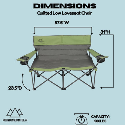 Quilted Double Camping Chair and Single Camping Chair with Padded Seat and Back for Camping/Hiking/Backpacking – Available in Low and Standard Heights (Low Loveseat (Gray/Asparagus))