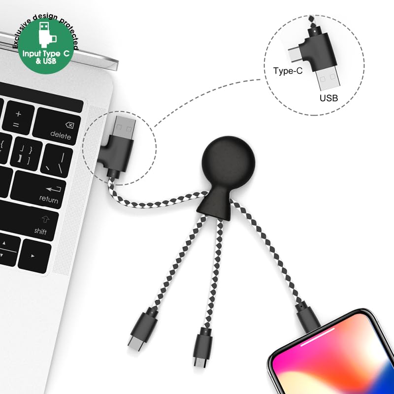 Xoopar Multi USB Cable 4 in 1 - Universal Charger Made from Recycled Plastic - USB, USB-C, Lighting, Micro USB Ports - Compatible with All Smartphones Mr Bio White Octopus