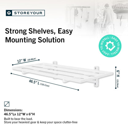 StoreYourBoard Garage Shelving Wall Mounted | 1x4 Heavy Duty Garage Wall Shelves 2-Pack, 12” Deep x 46.5” Long | Steel Wall Shelf Garage Storage Rack with Hooks, 200 lb Each / 400 lb Total, White