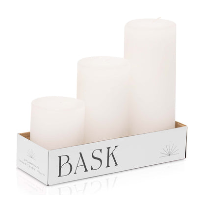 BASK Mottled Pillar Candles - Unscented White Pillar Candles Set of 3 - Dripless, Smokeless for All Occasions