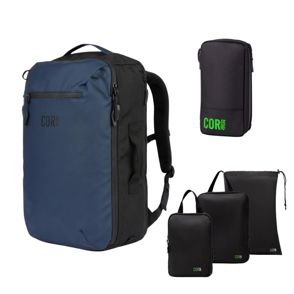 COR Surf Carry On Travel Backpack Bundle | Island Hopper Travel Backpack with Toiletry Bag and Compression Packing Cube Set (Blue, 28L)