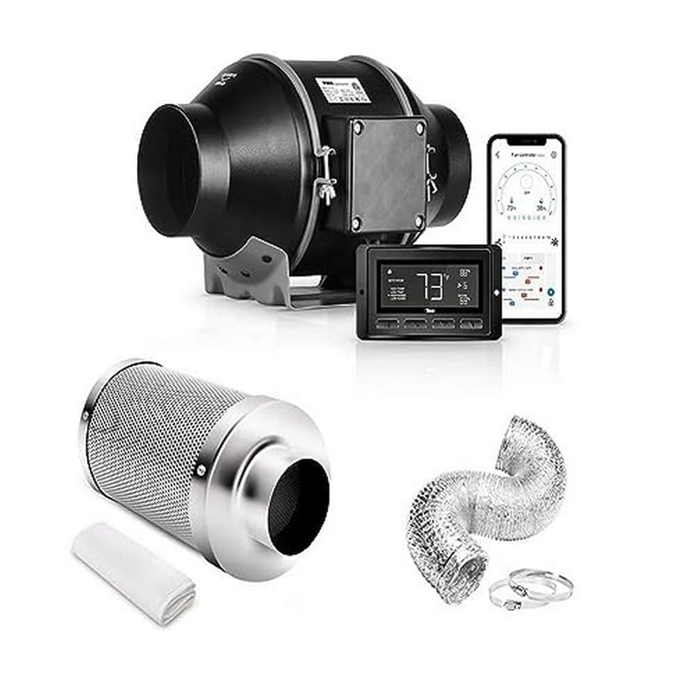 iPower 4 Inch Smart Inline Duct Ventilation Fan, Carbon Filter, 8 Feet Ducting with Temperature Humidity App Control via WiFi, Voice Control with Alexa, for HAVC Hydroponics/Grow Tent