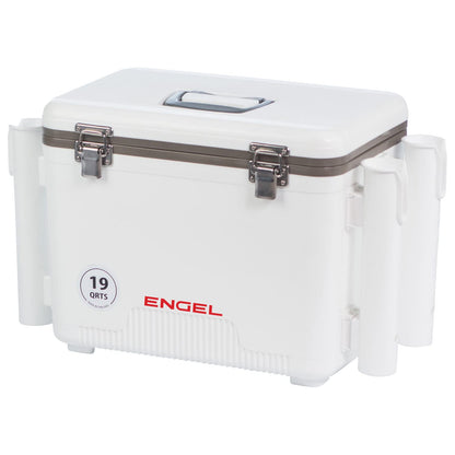 Engel UC19 19qt Leak-Proof, Air Tight, Fishing Drybox Cooler with Built-in Fishing Rod Holders, Also Makes the Perfect Small Hard Shell Lunchbox for Men and Women in White