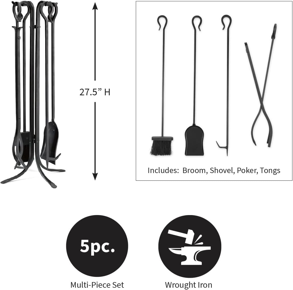 Plow & Hearth 5 Piece Hand Forged Iron Compact Fireplace Tool Set 27.5" | Black Wrought Iron Handle for Outdoor Indoor | Stand Poker Shovel Brush Log Tongs Wood Stove Accessory