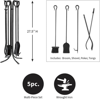 Plow & Hearth 5 Piece Hand Forged Iron Compact Fireplace Tool Set 27.5" | Black Wrought Iron Handle for Outdoor Indoor | Stand Poker Shovel Brush Log Tongs Wood Stove Accessory