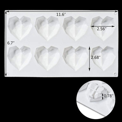 8 Grid Diamond Heart Silicone Cake Chocolate Mold Silicone Baking Pan Mold for DIY Cake Mousse Dessert 3D Diamond Love Heart Shaped Mould for Candy Fondant Ice Cream Soap Cupcake Cheesecake Jelly