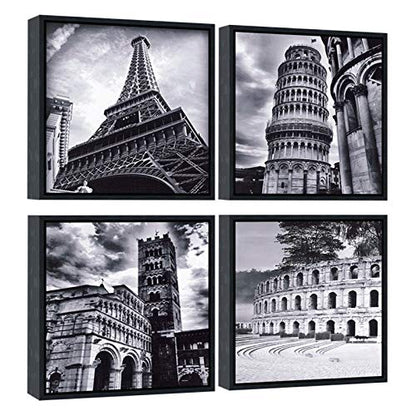 Wieco Art Architectures Modern 4 Panels Giclee Canvas Prints Europe Buildings Black and White Landscape Pictures Paintings on Canvas Wall Art Ready to Hang for Bedroom Home Office Decorations