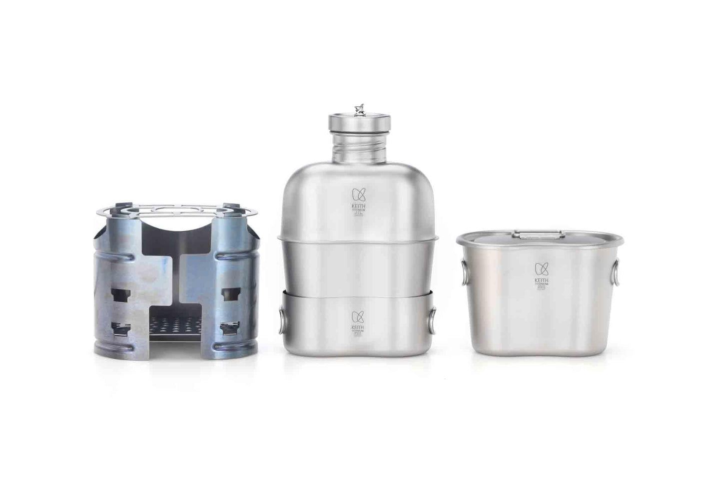 Keith Titanium Ti3061 Pro Plastic-Free Canteen Mess Kit with Stove – Grade 1 Titanium Cookset, 37 oz Bottle, 24 oz & 13.5 oz Cups, Custom MOLLE Field Carry Case with Premium Zippered Pouches