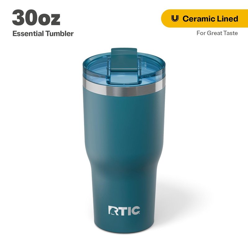RTIC 20oz Essential Tumbler with Lid, Ceramic Lined, Insulated, Stainless Steel, Metal, Double Wall Vacuum-Insulation, Travel Cup for Iced Coffee, Tea, Hot and Cold Drink, Marine