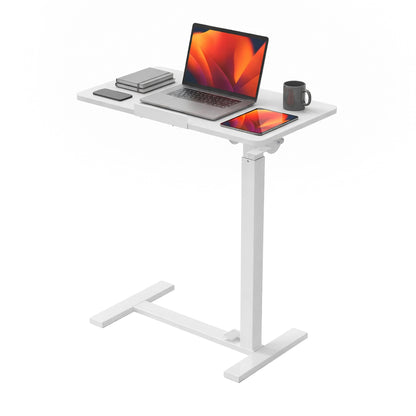 HAPPYMONT Adjustable Overbed Bedside Table with Hidden Wheels, Mobile Standing Desk with Pneumatic Lift, Portable Computer Workstation Cart for Bed, Couch, Office, Sofa, White
