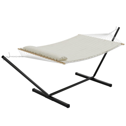 Double Hammock with Stand for 2, Heavy Duty 350 Lb Capacity Portable Rope Hammock for Indoor & Outdoor Use, Includes Padded Mat and Pillow, Tool-Free Easy Assembly, Beige