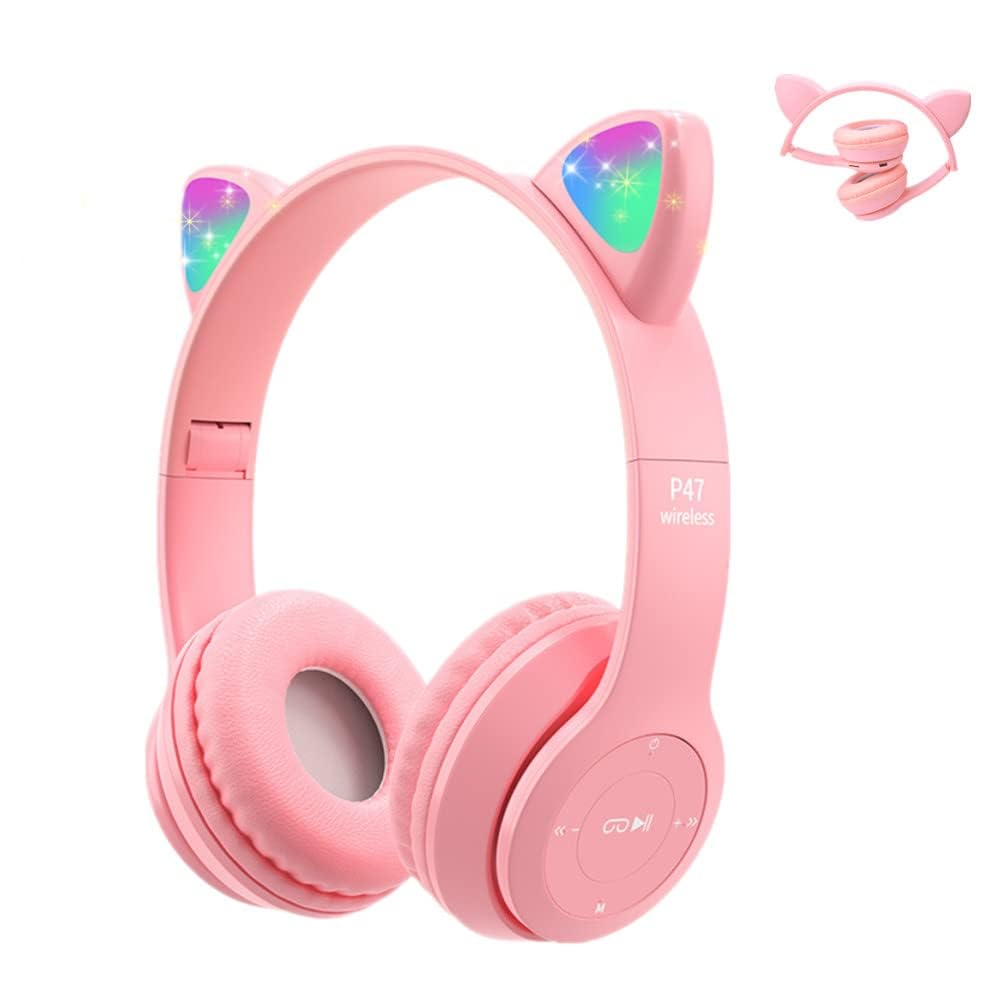 Megadream Kids Wireless Headphones, Bluetooth Over Ear Headphones with Microphone, Cat Ear LED Light Child Headset TF Card/Wired Foldable Earphones for Girls Boys Gift Age 7+ (Pink)
