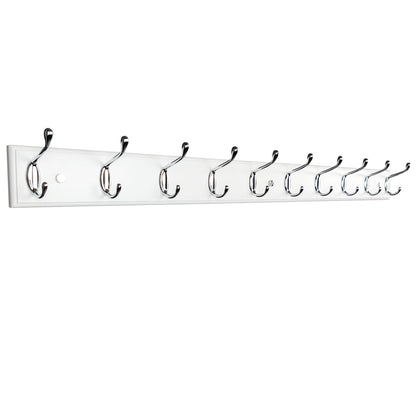 lomejii 37 Inch Long Wooden Wall Mounted Coat Rack with 10 Silver Chrome Hooks for Entryway and Bedroom to Hang Coats, Hats - Heavy Duty Hooks School Bag