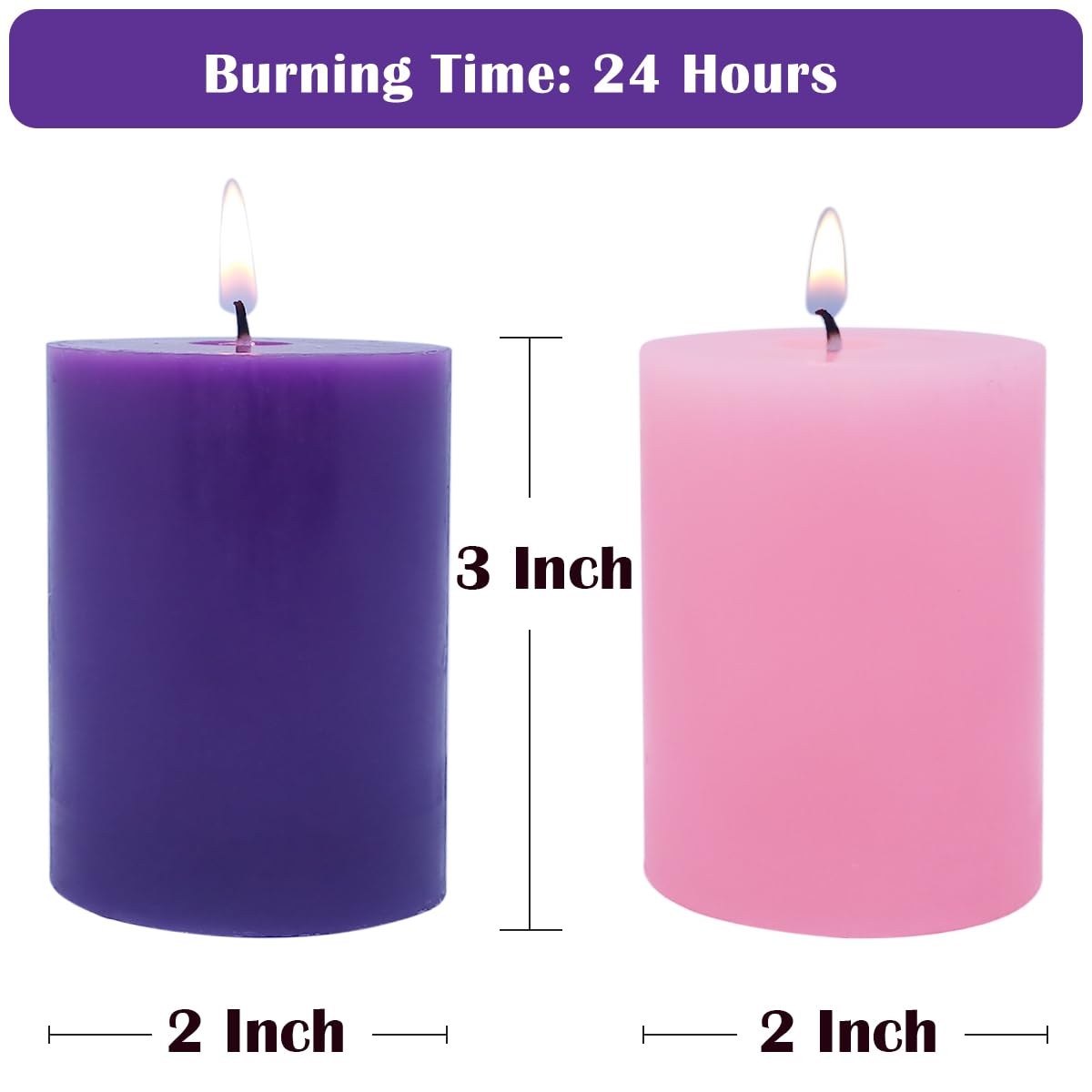 Set of 4 2x3 Inch Advent Pillar Candles, Dripless Unscented Purple and Pink Candles for Christmas Advent Holiday Season - 24 Hours Burn Time