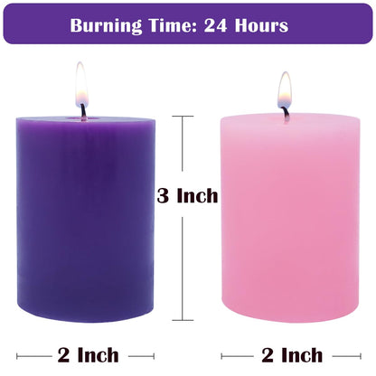 Set of 4 2x3 Inch Advent Pillar Candles, Dripless Unscented Purple and Pink Candles for Christmas Advent Holiday Season - 24 Hours Burn Time