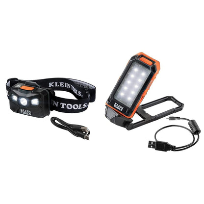 Klein Tools Recharge Headlamp Fabric Strap 400 Lumens All Day Runtime & 56403 LED Light, Rechargeable Flashlight/Worklight with Kickstand and Carabiner, Charges Small Electronics, for Work, Camping