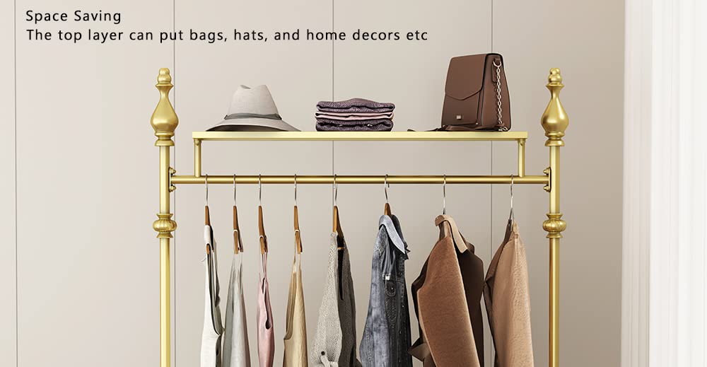 Clothing Rack Gold, Industrial Clothes Rack for hanging Clothes with Double Shelves Freestanding Multi-functional Heavy Duty Garment Rack, Metal Movable Coat Rack for Organizing Clothes Shoes