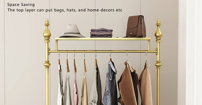 Clothing Rack Gold, Industrial Clothes Rack for hanging Clothes with Double Shelves Freestanding Multi-functional Heavy Duty Garment Rack, Metal Movable Coat Rack for Organizing Clothes Shoes