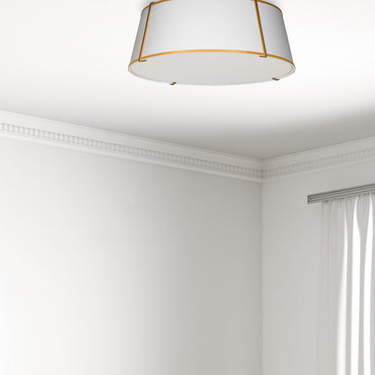 Dainolite 4 Light Flush Mount Fixture, Fabric Shade, Gold Finish, Model TRA-224FH-GLD-WH