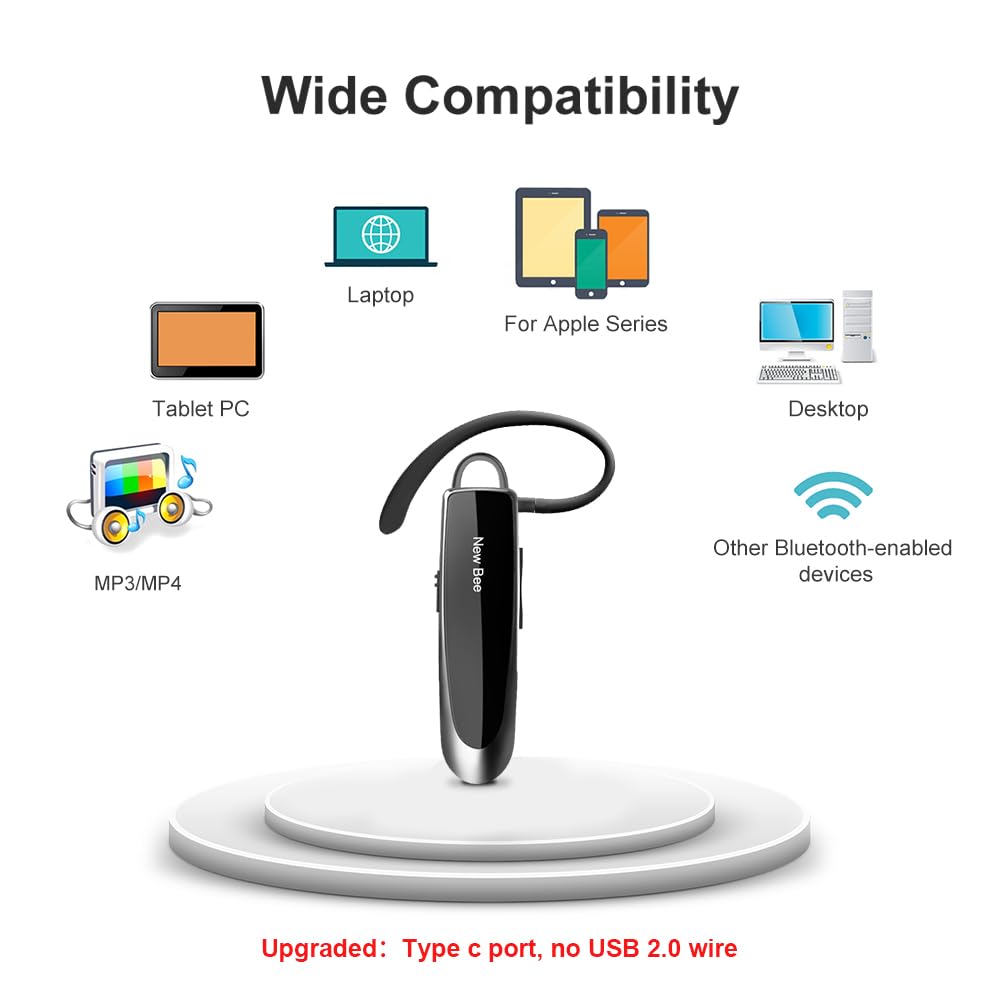 New bee Bluetooth Earpiece V5.0 Wireless Handsfree Headset with Microphone 24 Hrs Driving Headset 60 Days Standby Time for iPhone Android Samsung Laptop Trucker Driver (Black)