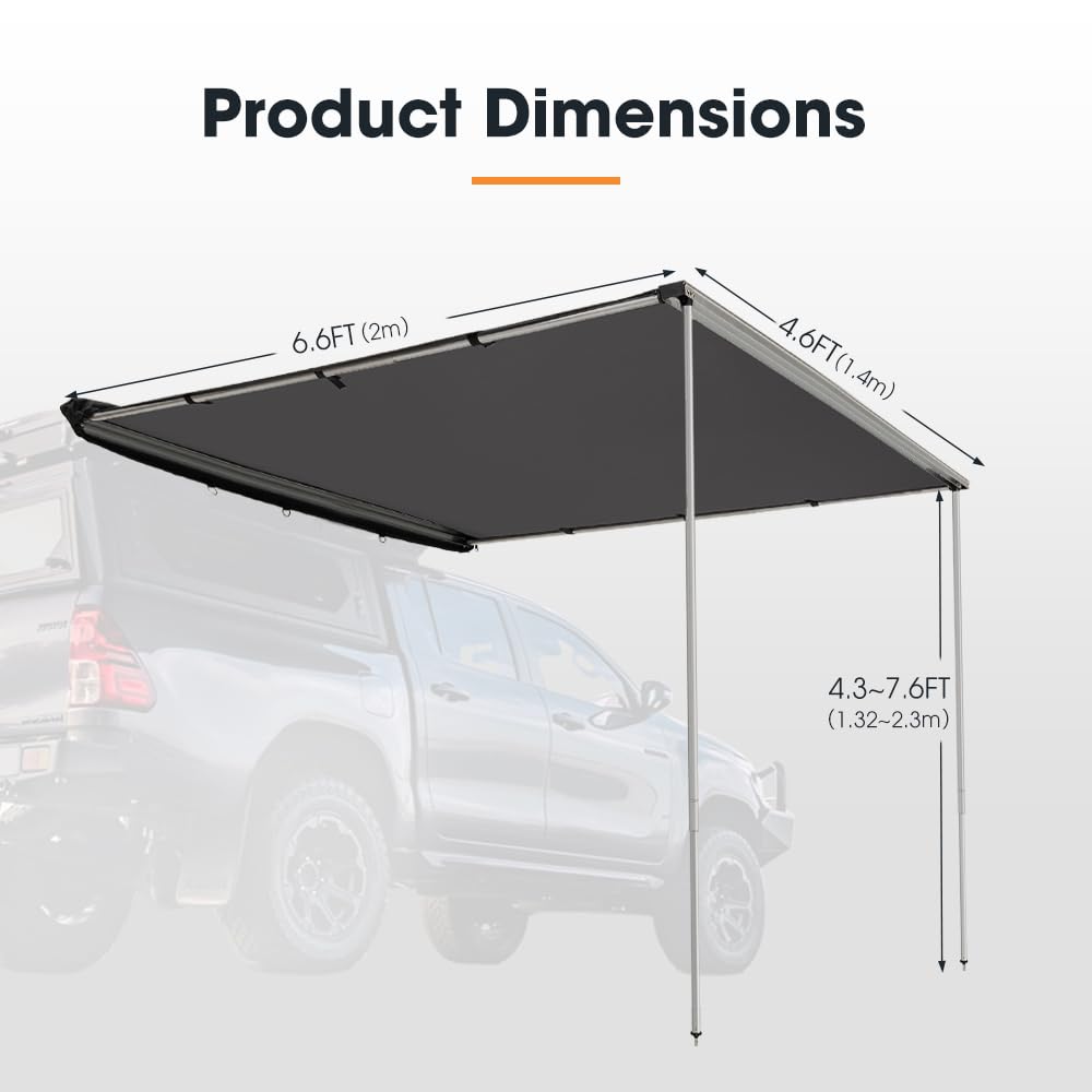 SanHima Vehicle Awning 4.6ft x 6.6ft - Roof Rack Pull Out Side Awning 30ft² Sun Shade UPF50+ Weatherproof for Camping Car SUV Truck Van
