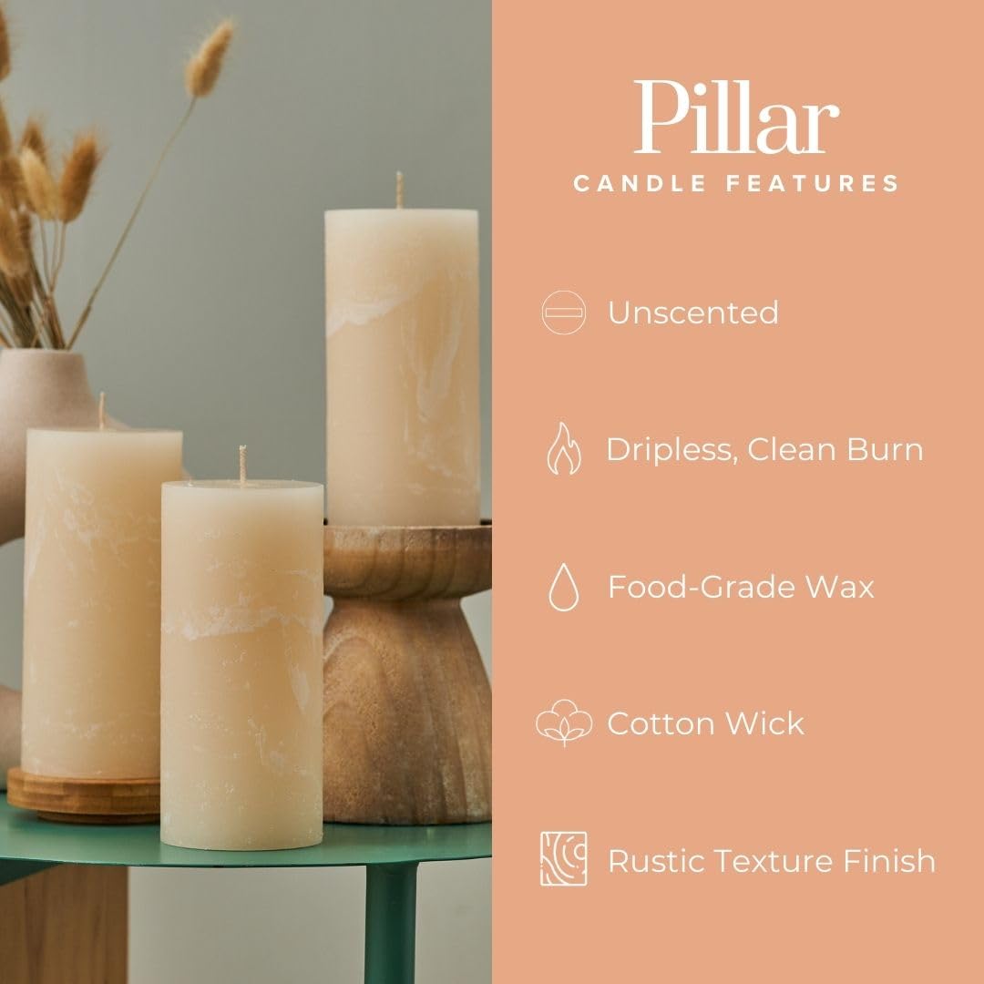 Simply Soson 3x4 inch Ivory Pillar Candles Set of 3, Rustic Texture, Unscented Ivory Candles, Dripless Candles, 3 inch Pillar Candles Ideal as Wedding, Parties, Spas, Dinner, Home Decoration, Church