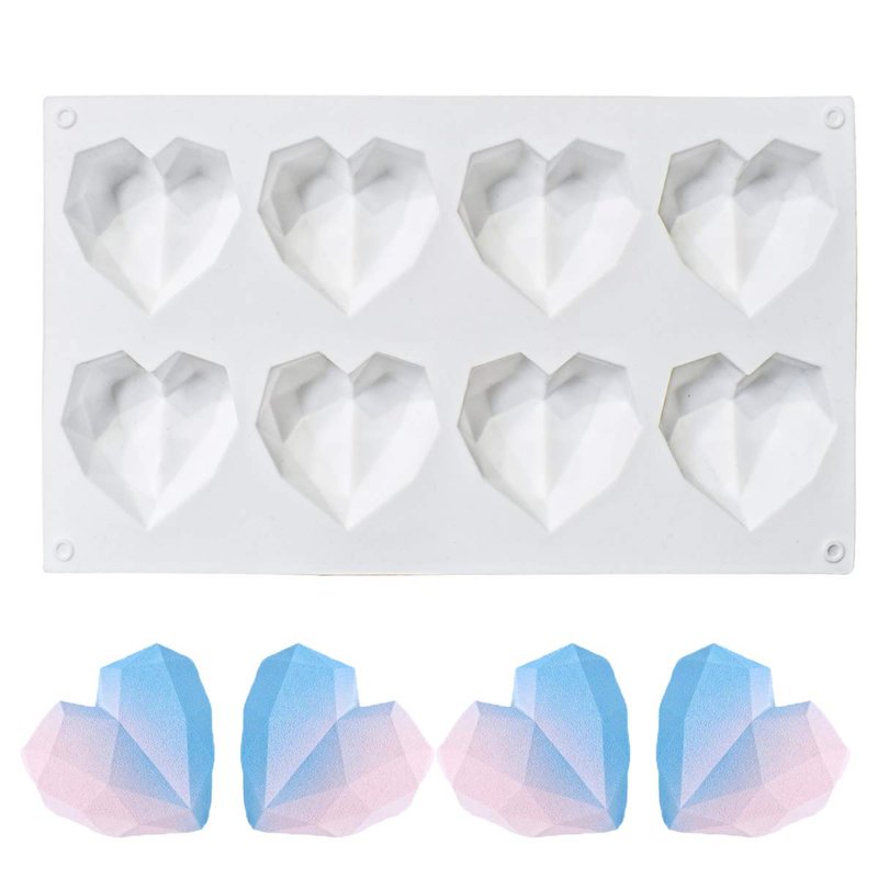 8 Grid Diamond Heart Silicone Cake Chocolate Mold Silicone Baking Pan Mold for DIY Cake Mousse Dessert 3D Diamond Love Heart Shaped Mould for Candy Fondant Ice Cream Soap Cupcake Cheesecake Jelly