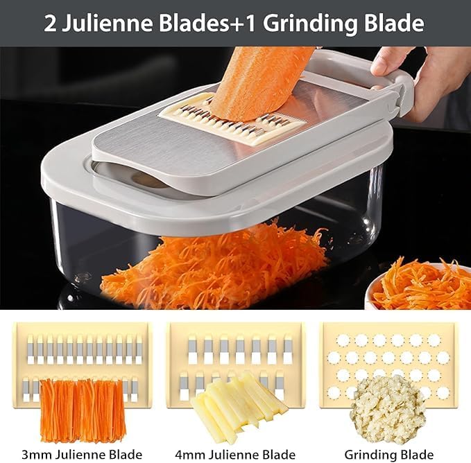 Skiennix 11-in-1 Mandoline Vegetable Chopper - Multifunctional Slicer with Container for Salad & Fruit (Beige)