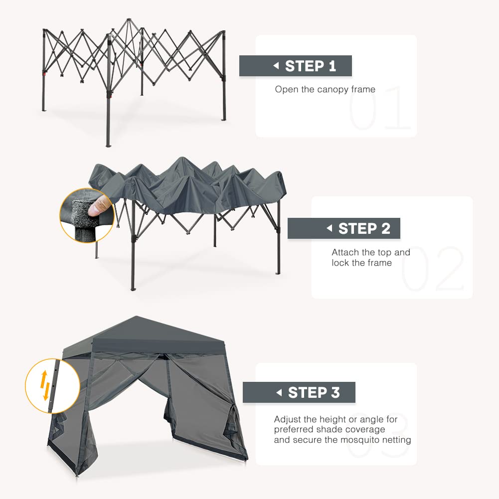 COOS BAY 10x10 Pop Up Canopy Tent with Screen Netting, Slant Leg Canopy with UPF 50+ UV Protection, 64 Sq Ft Shade, One Person Setup with Carry Bag, Gray