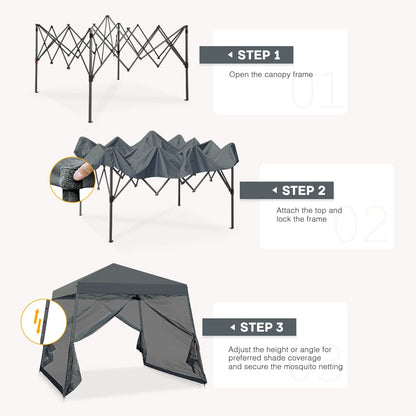COOS BAY 10x10 Pop Up Canopy Tent with Screen Netting, Slant Leg Canopy with UPF 50+ UV Protection, 64 Sq Ft Shade, One Person Setup with Carry Bag, Gray