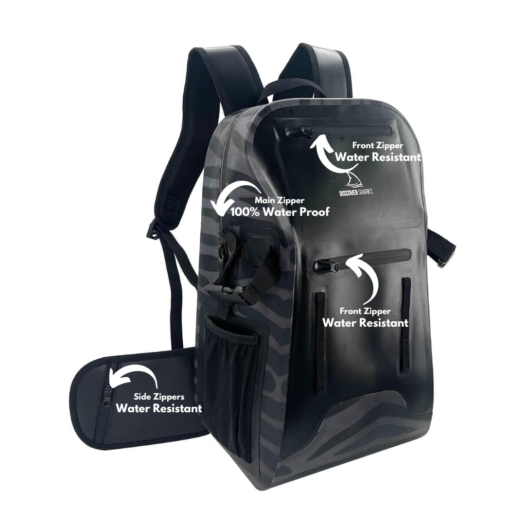 DiscoverSharks Eco-Friendly Dry Backpack Dry Bag with removable waist strap. Comfortable, extremely durable, and 30L size.