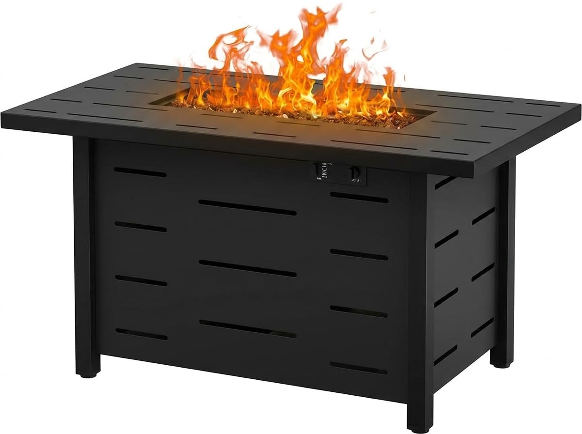Shintenchi 42" Outdoor Propane Fire Pit 50,000 BTU Gas Fire Pit Table with Lid, Waterproof Cover, Rectangle Gas Firepit Table for Garden/Patio, CSA Certification, Black