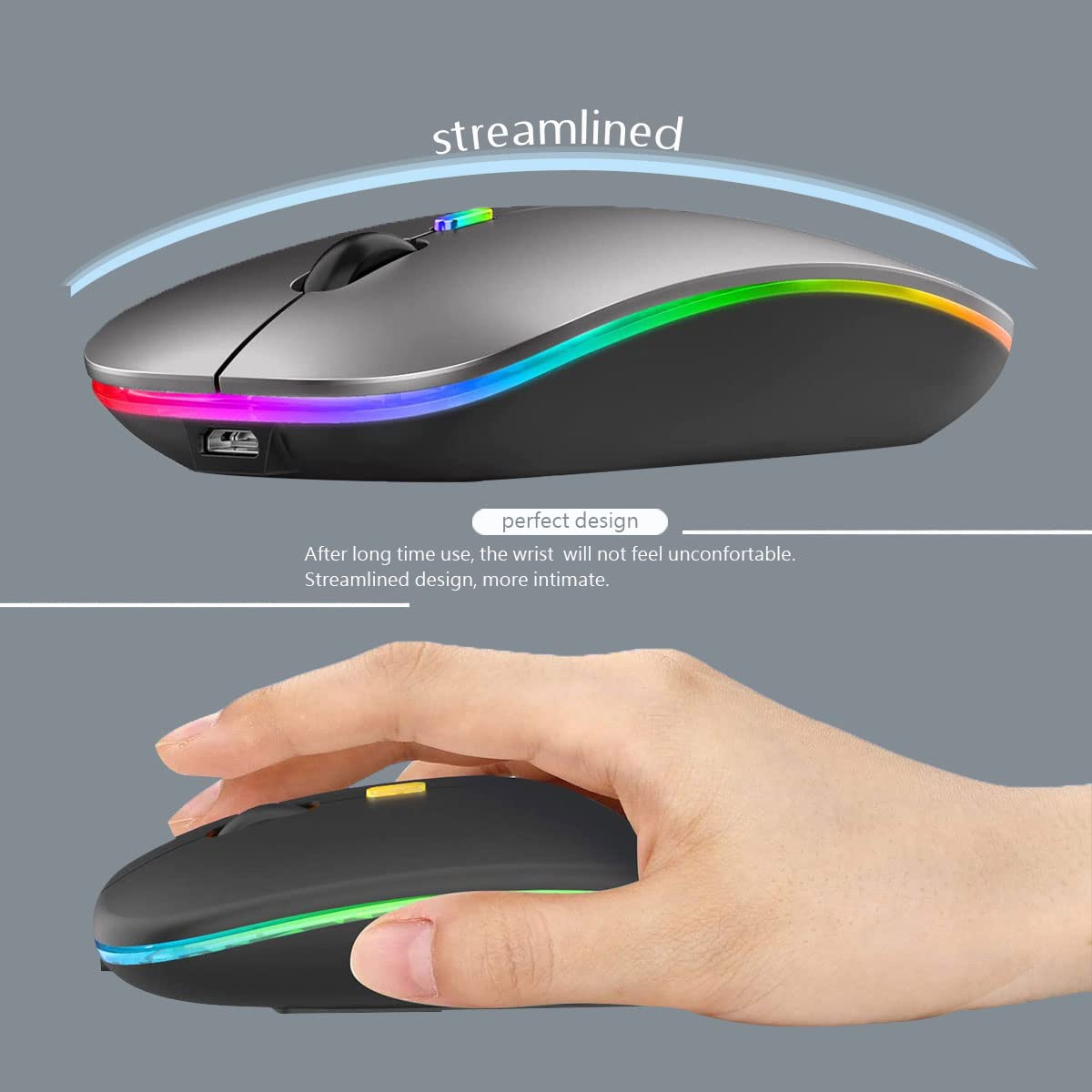 Wireless Bluetooth Mouse Rechargeable Laptop Mice with LED Lights Silent Slim Use(BT5.2 and 2.4G Portable USB Receiver)Dual Mode Computer Mouse for Laptop/iPad/Tablet/Apple/Computer/Mac(Black)