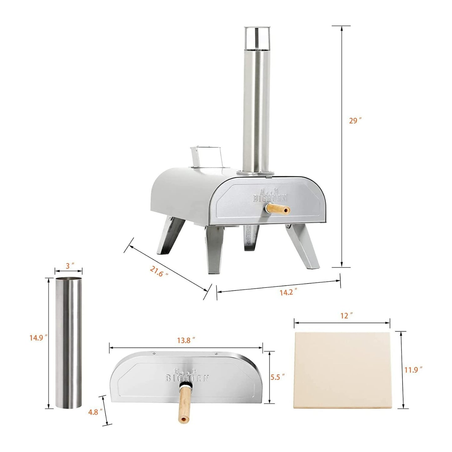 BIG HORN 12"Multi-Fuel Outdoor Pizza Oven Reach up to 1110℉– 3-in-1 Wood,Gas&Electric Compatible(Burners Sold Separately),Pellet Pizza Oven Portable Pizza Maker for Backyard, Camping&Tailgating,Silver