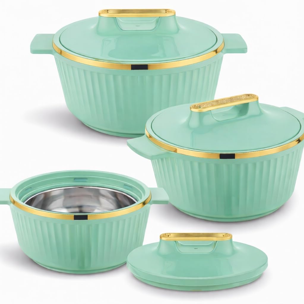 T TABAKH Fancy 3pc Set 2500ml+3500ml+5000ml Insulated Casserole Dish with Lid Hot Pot Food Warmer/Cooler - Thermal Soup, Salad Serving Bowl - Stainless Steel Container - Keeps Food Hot & Cold (Green)
