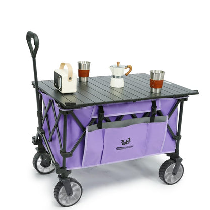 Whitsunday Folding Collapsible Utility Wagon, 400Lbs Heavy Duty Outdoor Park Beach Wagon with Table and Side Pocket for Garden Camping Sports Shopping Purple