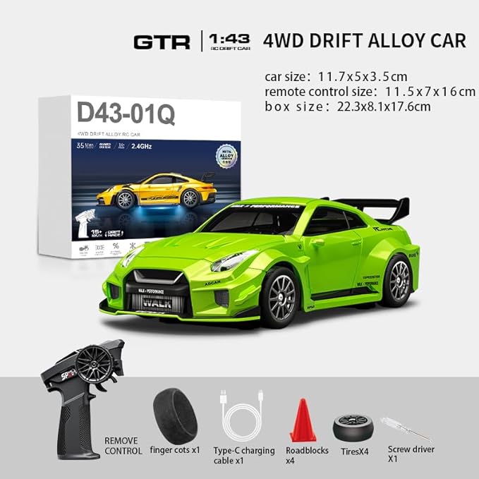 1:43 RC Drift Car 20KM/H with Gyro 2.4G 4WD Full Proportional Alloy Sport Racing Car Adjustable Speed LED Lighting for Teens &amp Adults-D43-02