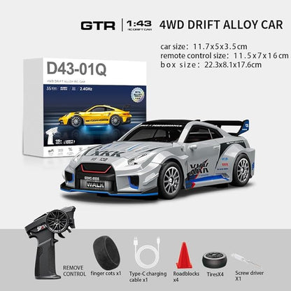 1:43 RC Drift Car 20KM/H with Gyro 2.4G 4WD Full Proportional Alloy Sport Racing Car Adjustable Speed LED Lighting for Teens &amp Adults-D43-02