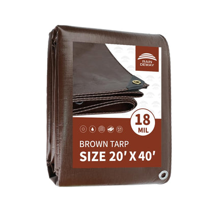 RAINDEWAY 20x40 Feet Super Heavy Duty 18 Mil Brown Poly Tarp Cover, UV Resistant, Weatherproof, Multipurpose Waterproof Poly Tarp with Grommets and Reinforced Edges