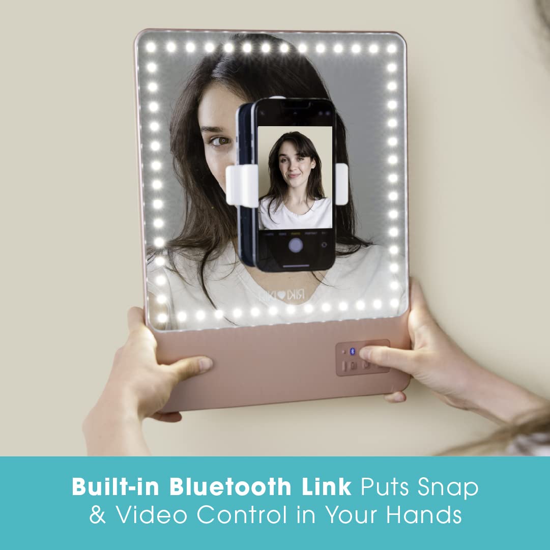 GLAMCOR Riki Skinny Smart Vanity Mirror with HD LEDs, Magnifying Mirror Attachment, Phone Holder and Bluetooth Control (Rose Gold, 10X Magnification)