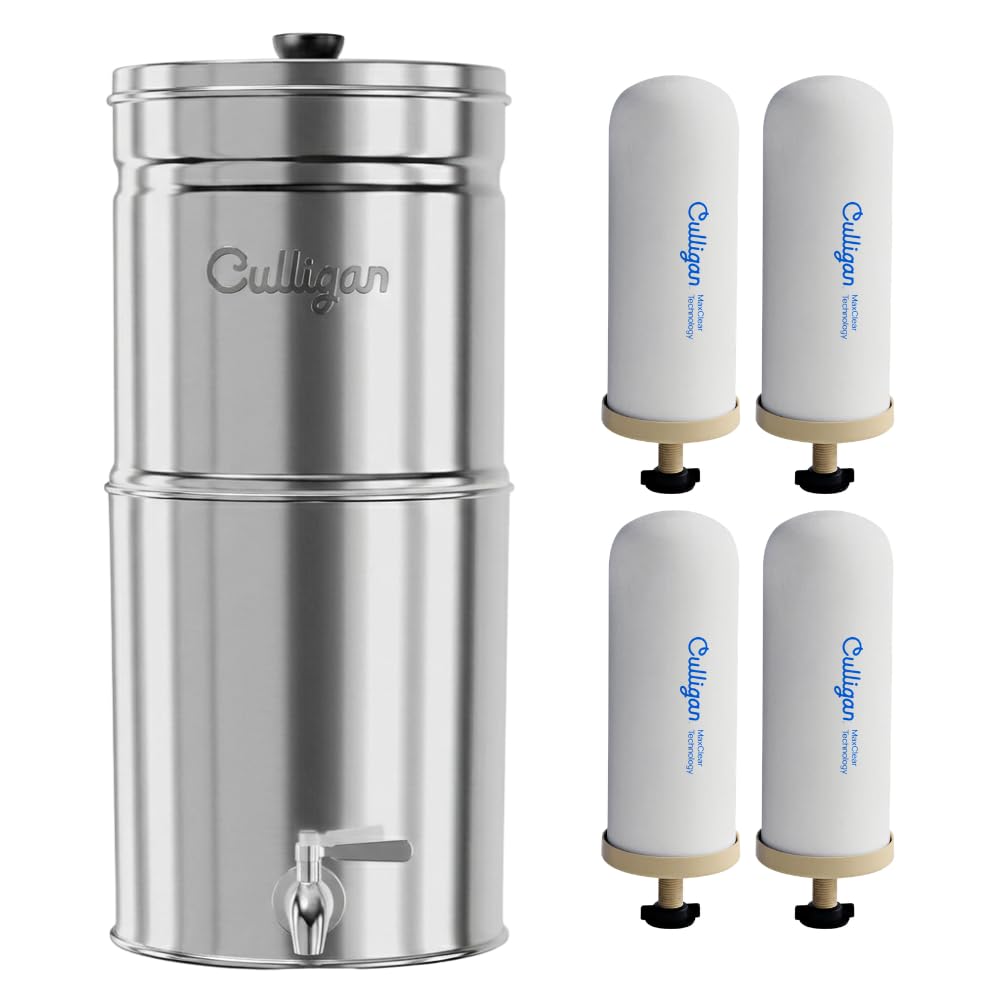Culligan MaxClear 2.25 Gallon Gravity Water Filter System Removes Microplastics, PFAS & Lead, NSF/ANSI Certified, Polished Stainless-Steel Countertop Filter with 4 Ceramic Filters