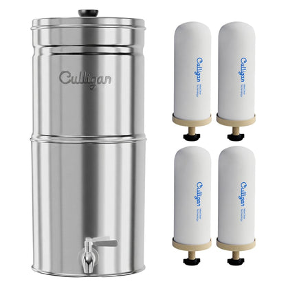 Culligan MaxClear 2.25 Gallon Gravity Water Filter System Removes Microplastics, PFAS & Lead, NSF/ANSI Certified, Polished Stainless-Steel Countertop Filter with 4 Ceramic Filters