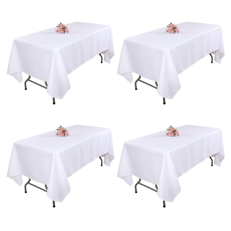 Kesfey 4 Packs White Table Cloths Rectangle 60 x 84 inch Washable Polyester Fabric White Tablecloths for 4 Feet Tables Stain and Wrinkle Resistant Reusable Table Covers for Parties Wedding Banquet