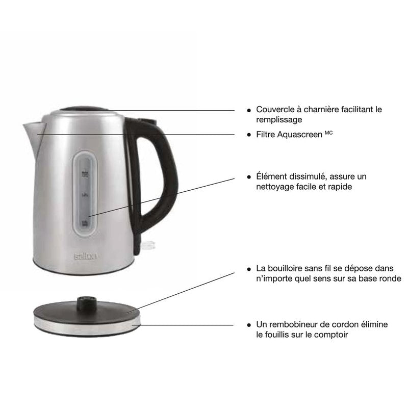 Salton Cordless Electric Stainless Steel Kettle, Water Boiler and Tea Heater, 1.7 Liter/Quart with Automatic Shut-Off and Boil-Dry Protection, Water Level Window, 1500 Watts (JK1903)