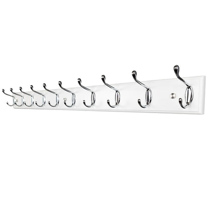 lomejii 37 Inch Long Wooden Wall Mounted Coat Rack with 10 Silver Chrome Hooks for Entryway and Bedroom to Hang Coats, Hats - Heavy Duty Hooks School Bag